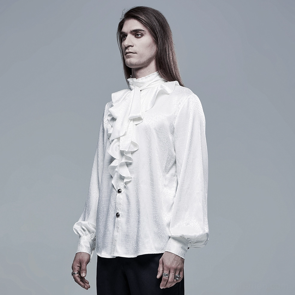 White gothic ruffled blouse styled on male model showing damask jacquard weave detail