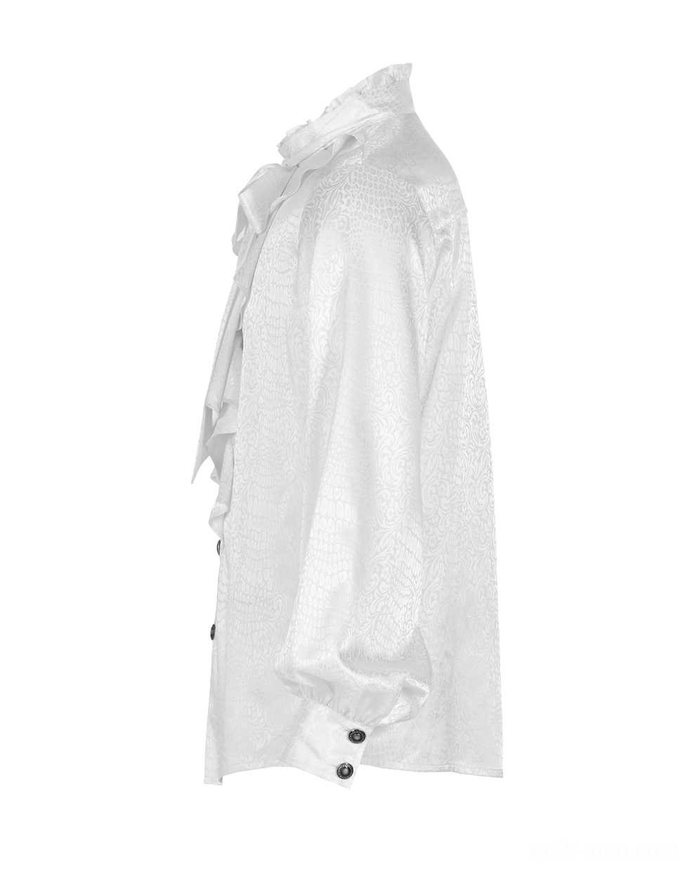 White gothic ruffled blouse side view showing bishop sleeve shape and ruffled collar construction