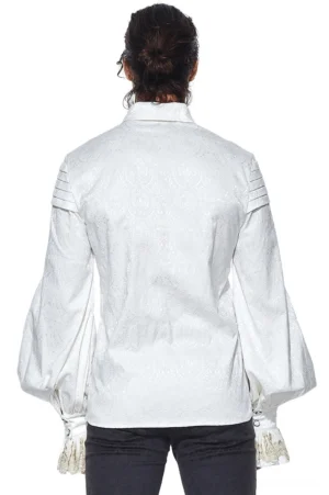 Men's gothic white shirt back view showcasing jacquard texture, puff sleeves and pleated shoulder details