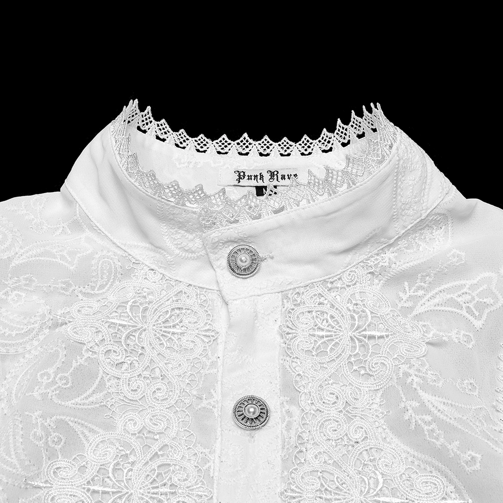 Extreme close-up of gothic shirt collar showing lace ruffles, brand details, and ornate gem button craftsmanship