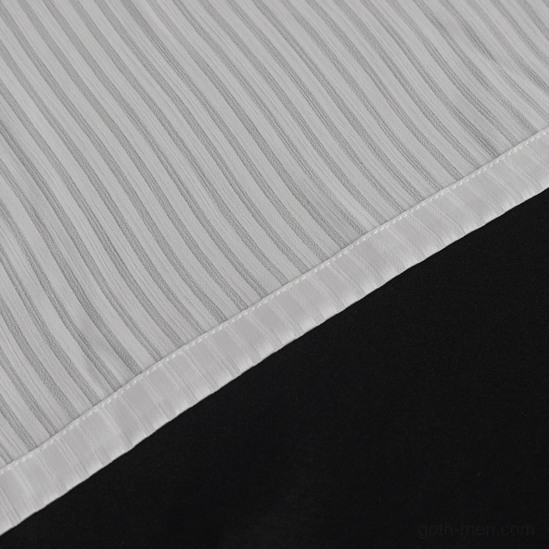 Macro shot of white gothic shirt satin-smooth polyester fabric texture with subtle vertical stripe weave pattern