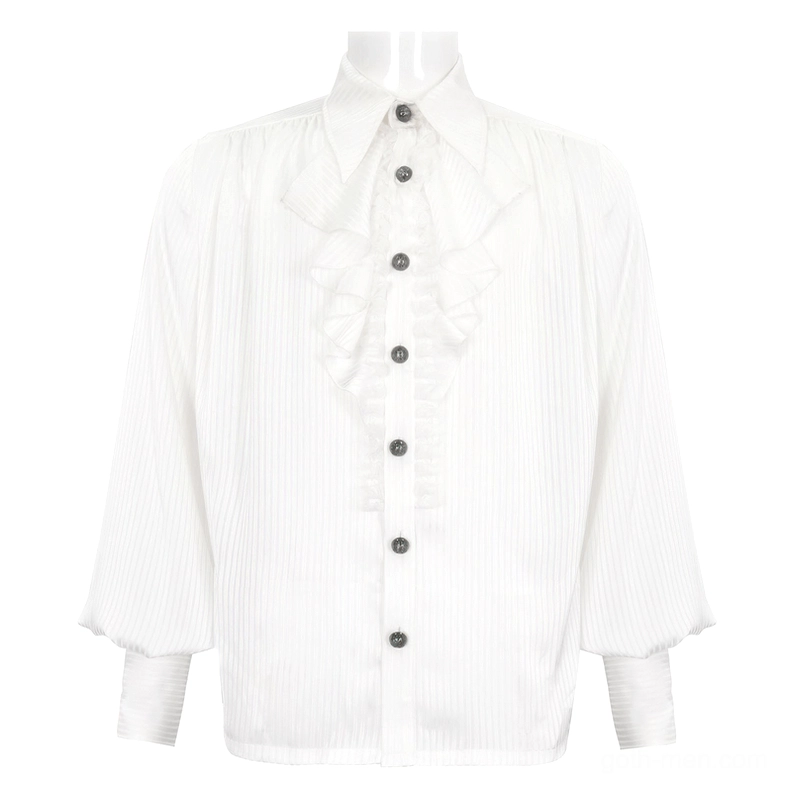 White gothic pleated ruffle formal shirt on mannequin, three-quarter front view with vintage metal buttons and ruffled front placket