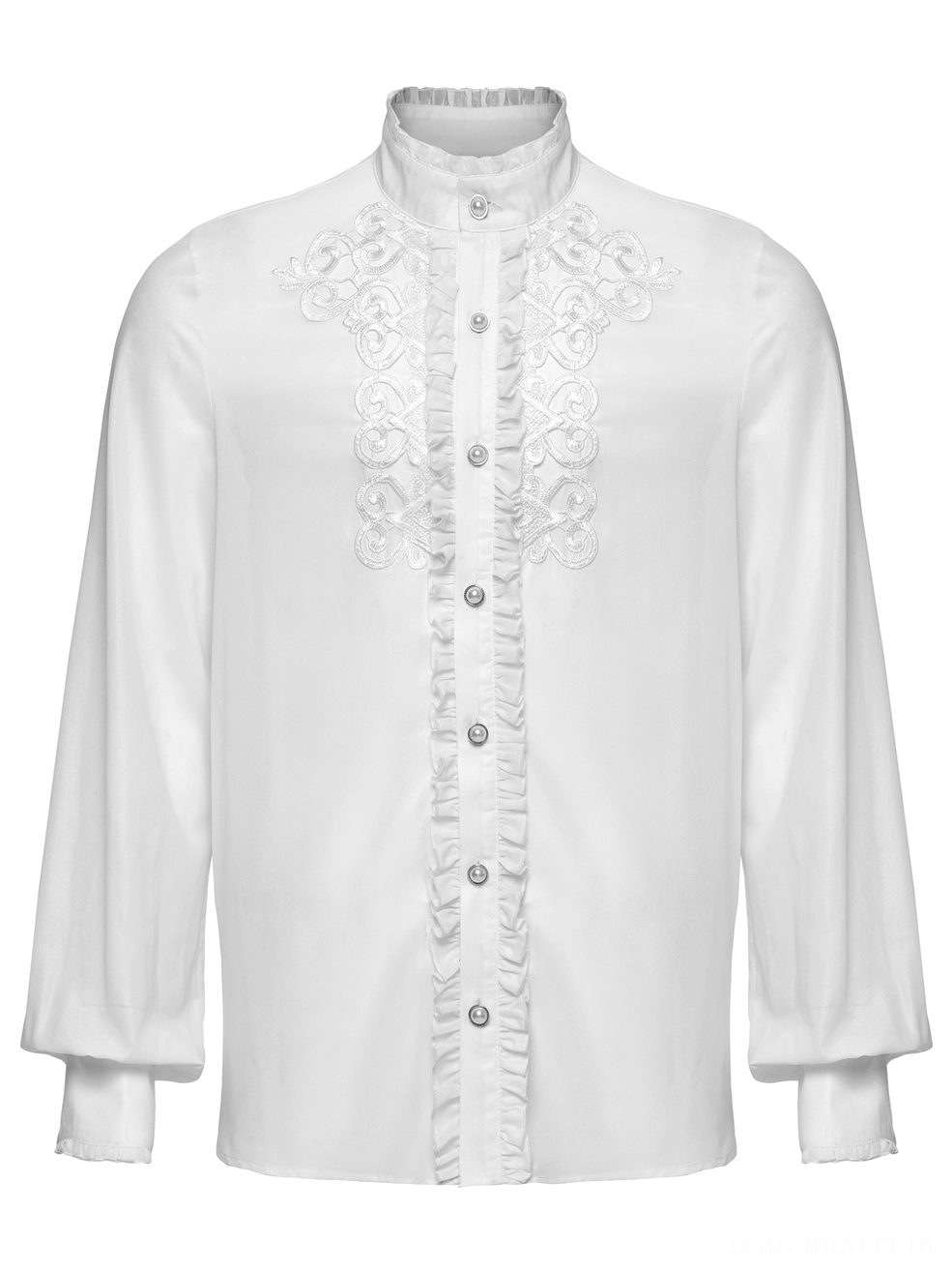 Close-up of white gothic shirt front placket featuring ornate gem buttons and paisley lace embroidery on sheer fabric