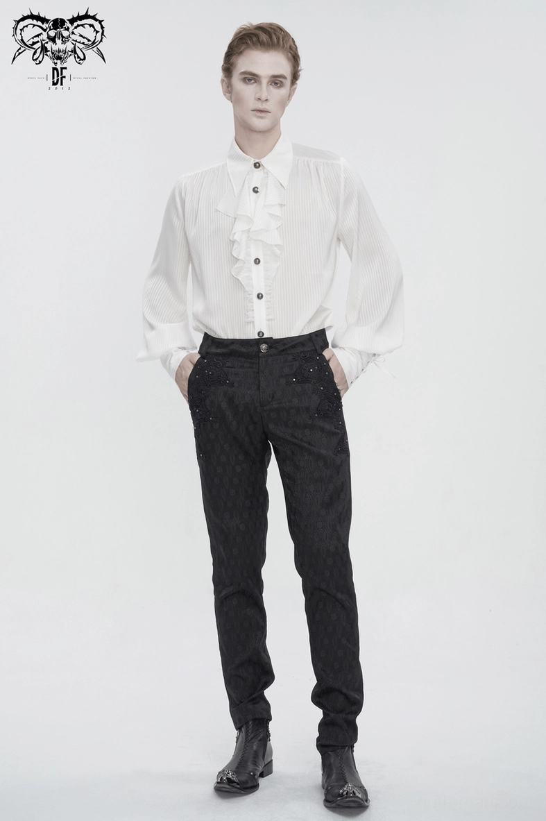 Detail view of white gothic dress shirt ruffled front placket architecture, showcasing precision pleating and craftsmanship