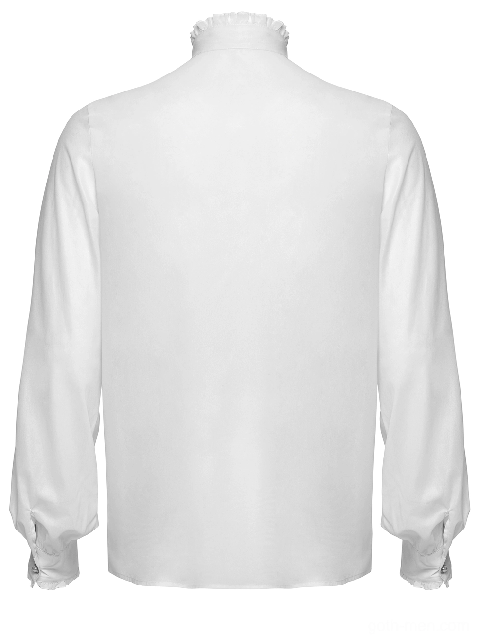 Rear flat lay of white gothic ruffle dress shirt with detailed ruffled stand collar and solid back panel
