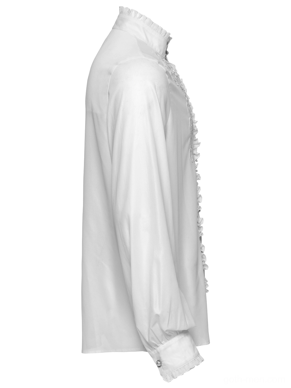 Side view of white gothic ruffle shirt displaying bishop sleeves with lace trim and flowing sheer fabric movement