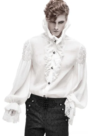 White gothic stand collar shirt with lace cuffs front view - men's fitted blouse with ruffle details on male model