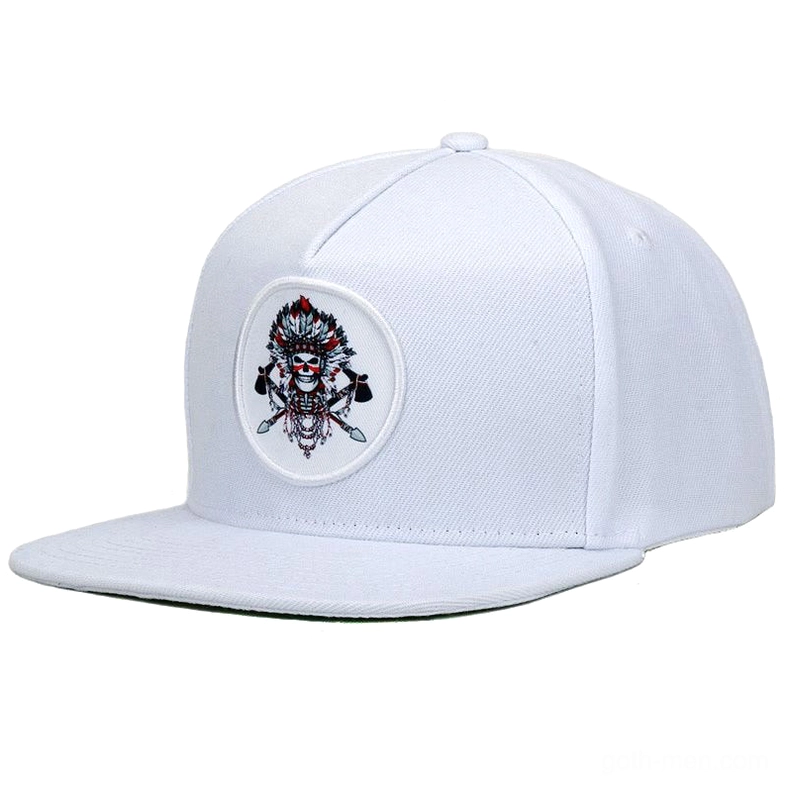 White gothic snapback cap with native skull embroidered badge, side front view on studio white background
