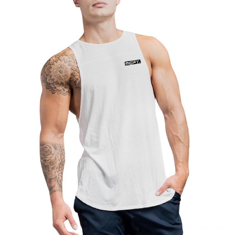 White sleeveless alternative tank top for men with curved side hem