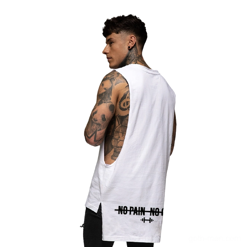 White gothic sleeveless tank shirt detailed view - men's crew neck vest showcasing print quality and fit details