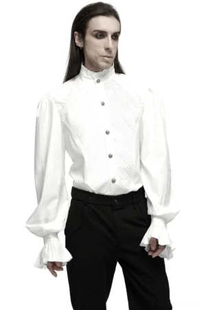 White gothic Victorian ruffled shirt with stand-up collar and bubble sleeves, front three-quarter view on male model