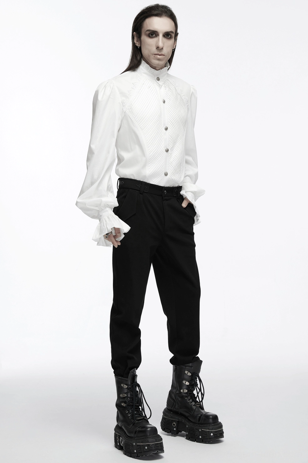 White gothic Victorian shirt with bubble sleeves and ruffled collar, alternative fashion styling view