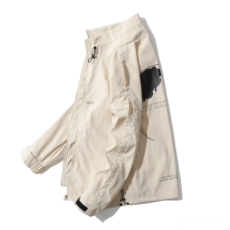 White gothic windbreaker jacket side view, adjustable drawstring, Earth print, unisex oversized