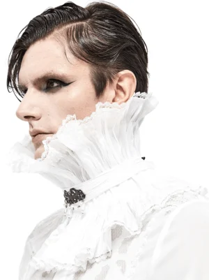 Male model wearing white lace gothic high collar with beaded brooch, left profile view showcasing pleated lace design and pearl-dangling brooch accent