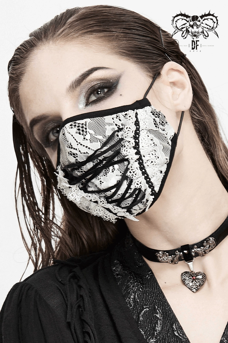Complete white lace gothic face mask product showcase with all design elements including black corset lace-up and adjustable features
