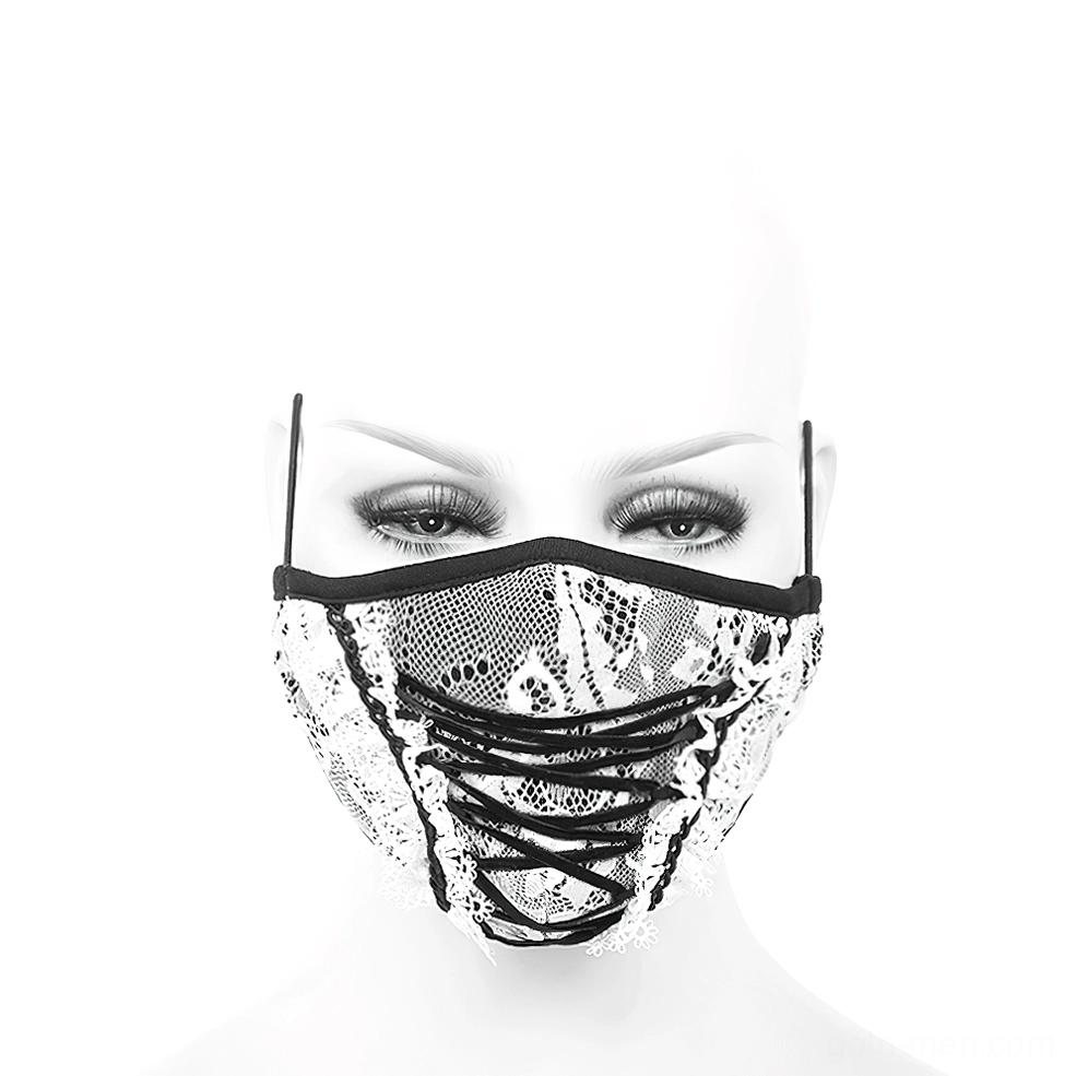 White gothic lace face mask with black corset-style lace-up front on mannequin head, frontal display view