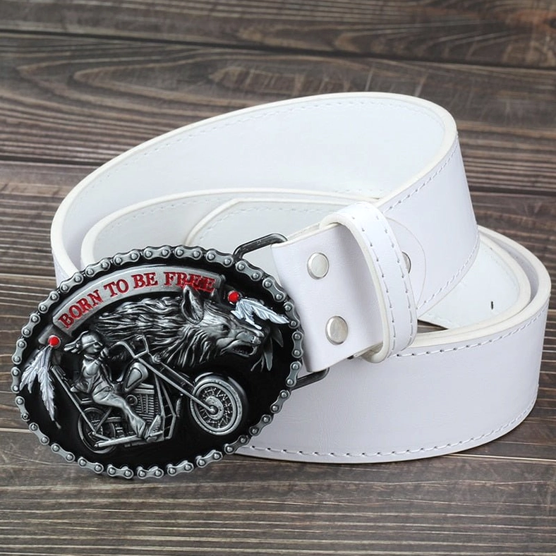 White leather gothic belt buckle motorcycle wolf design statement piece