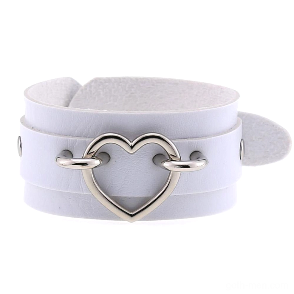 White double-layer leather heart cuff bracelet with silver hollow heart buckle, gothic contrast jewelry flat lay