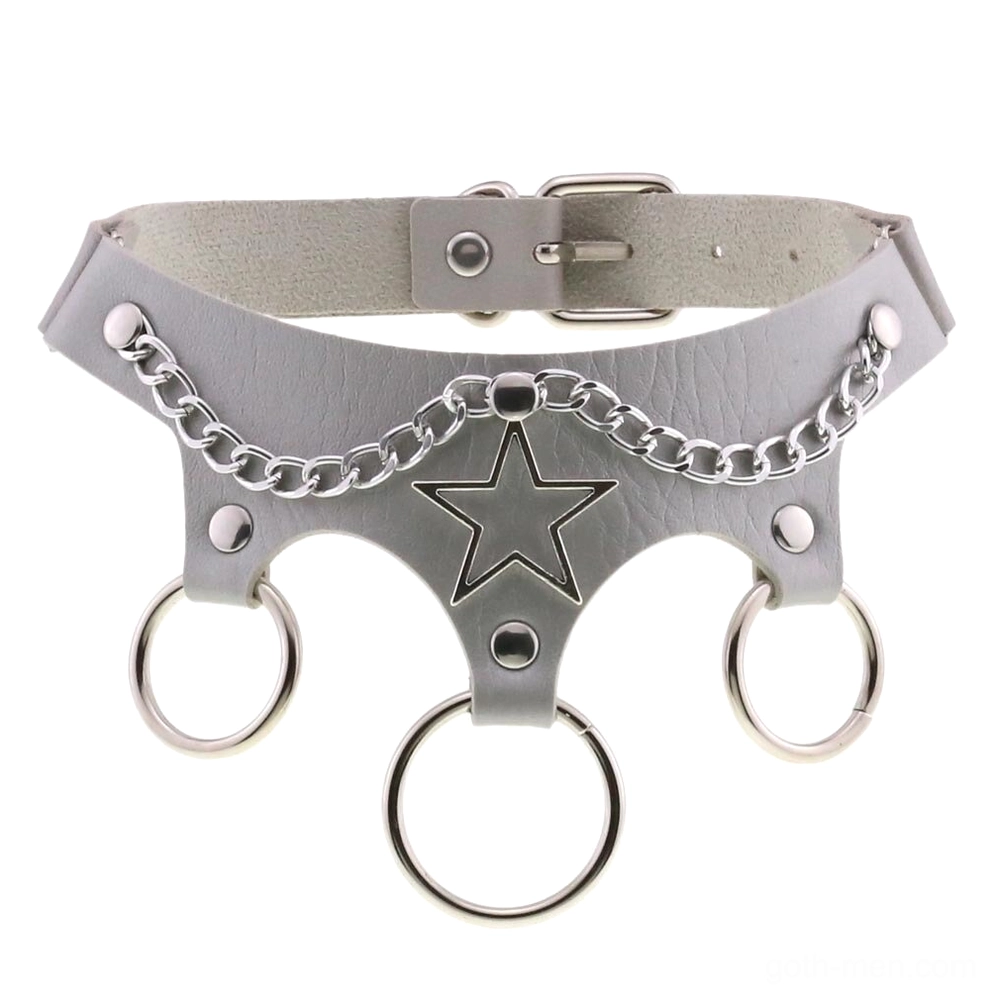 White leather star choker with silver chain metal accents bold statement