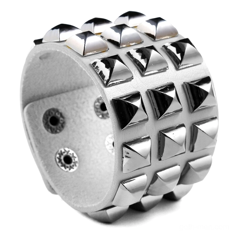 White studded leather gothic cuff bracelet with triple-row pyramid studs - detail view