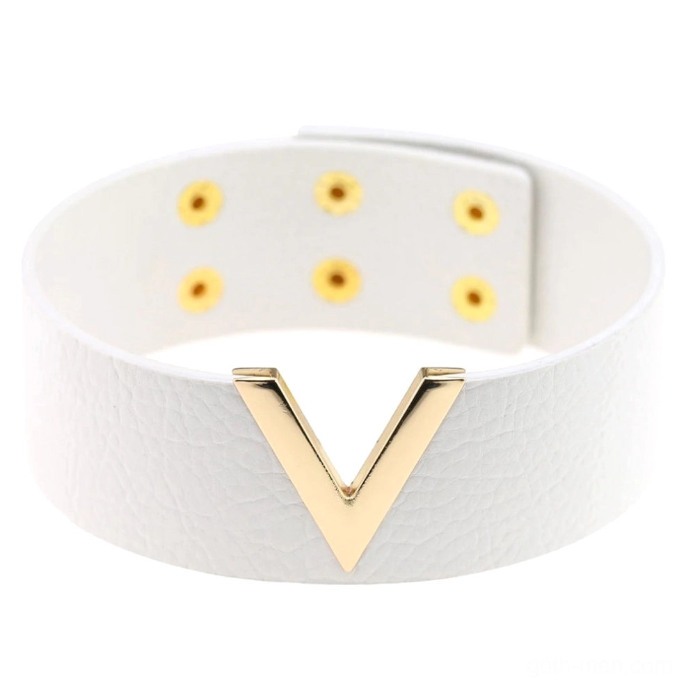 White PU leather V-choker with gold V metal - ethereal gothic choker