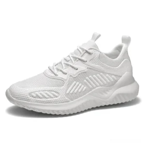 White breathable mesh lace-up gothic sneaker profile view - ribbed upper design