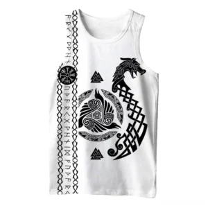 White Norse gothic sleeveless tank top with black Valknut triangle, runes, and raven Viking occult prints on front - minimalist gothic streetwear