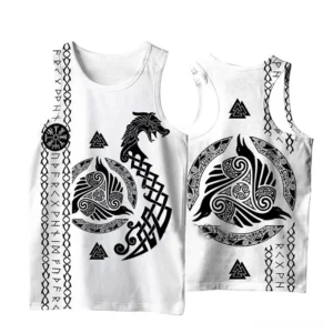 White Viking gothic tank top front and back view displaying symmetric Norse Valknut, rune symbols, and mythological raven designs on both sides - goth tank top