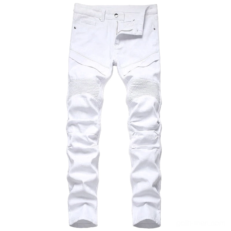 White gothic pleated biker denim jeans front flat lay featuring architectural knee pleats and slim fit silhouette
