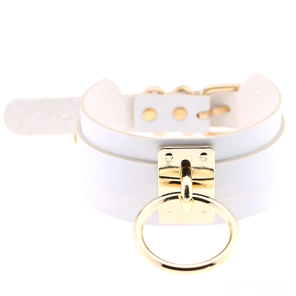 White PU leather bondage choker with double-layered straps and gold metal fittings for alternative fashion