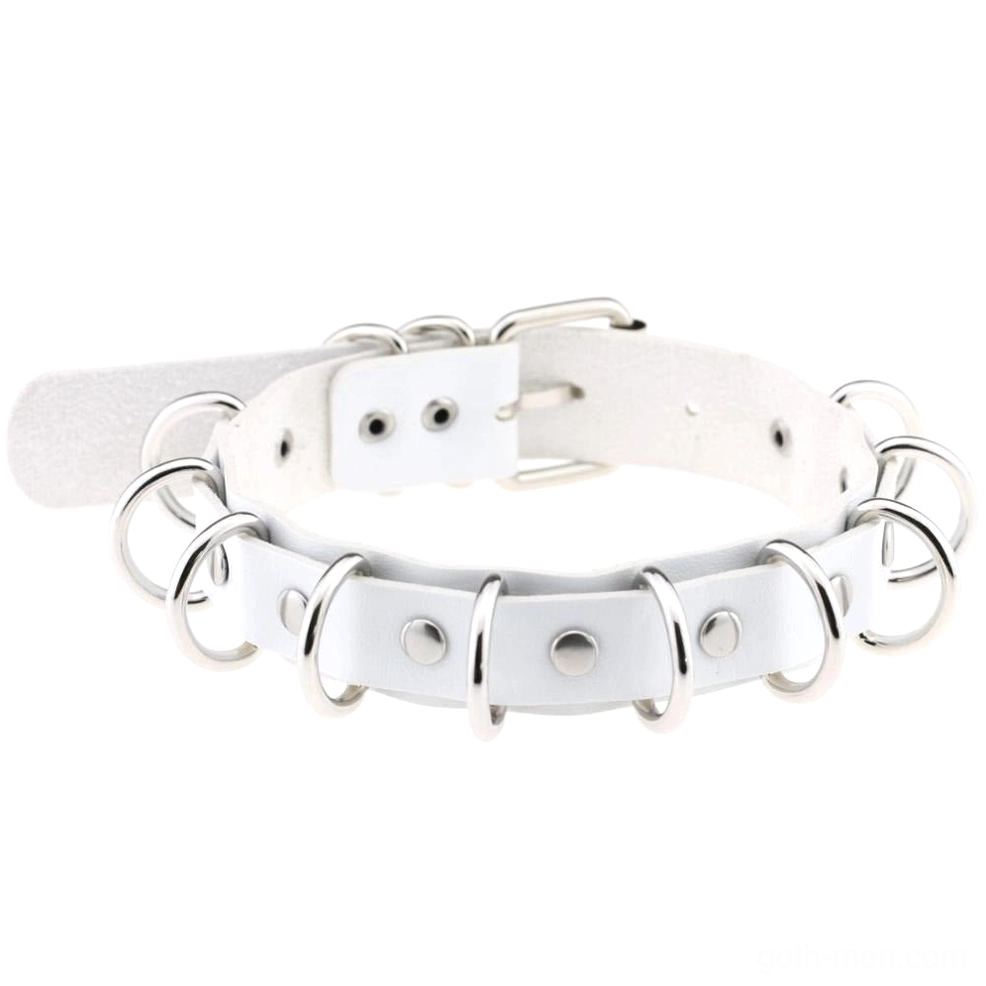 White faux leather gothic choker with metal ring details alternative fashion necklace on white background