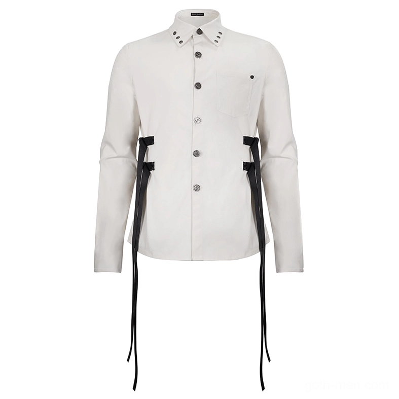 White gothic punk shirt flat lay product photography front view with dual nylon straps on waist sides and metal buckles