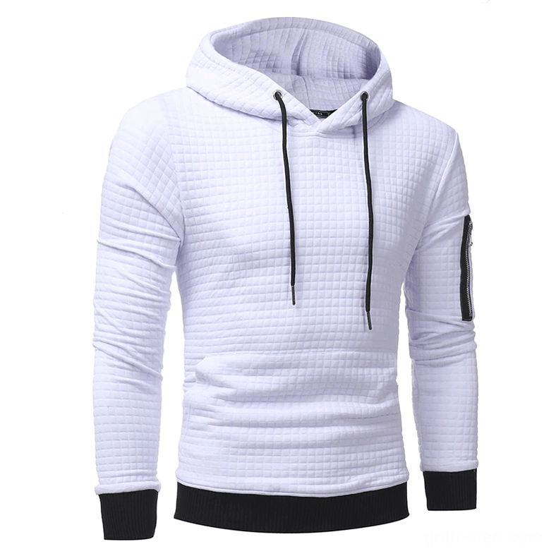 White quilted gothic hoodie men's zipper and hood detail