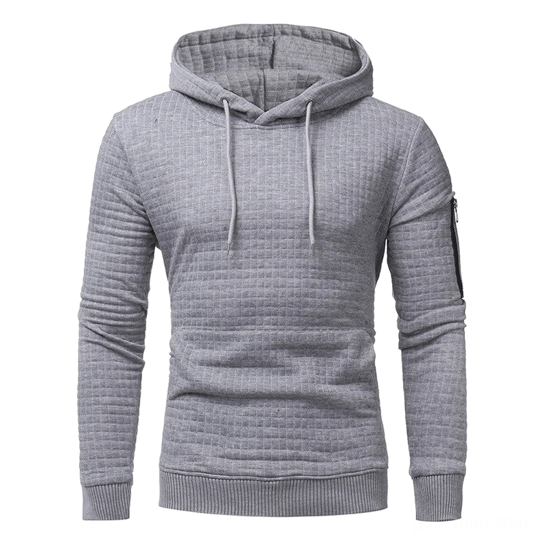 White quilted hoodie men's shoulder seam construction detail