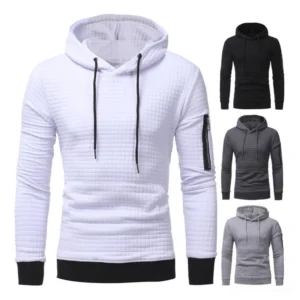 White ribbed trim quilted hooded sweatshirt men aesthetic streetwear