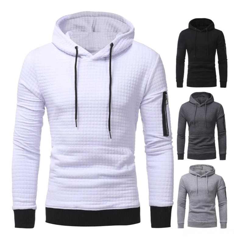 White ribbed trim quilted hooded sweatshirt men aesthetic streetwear