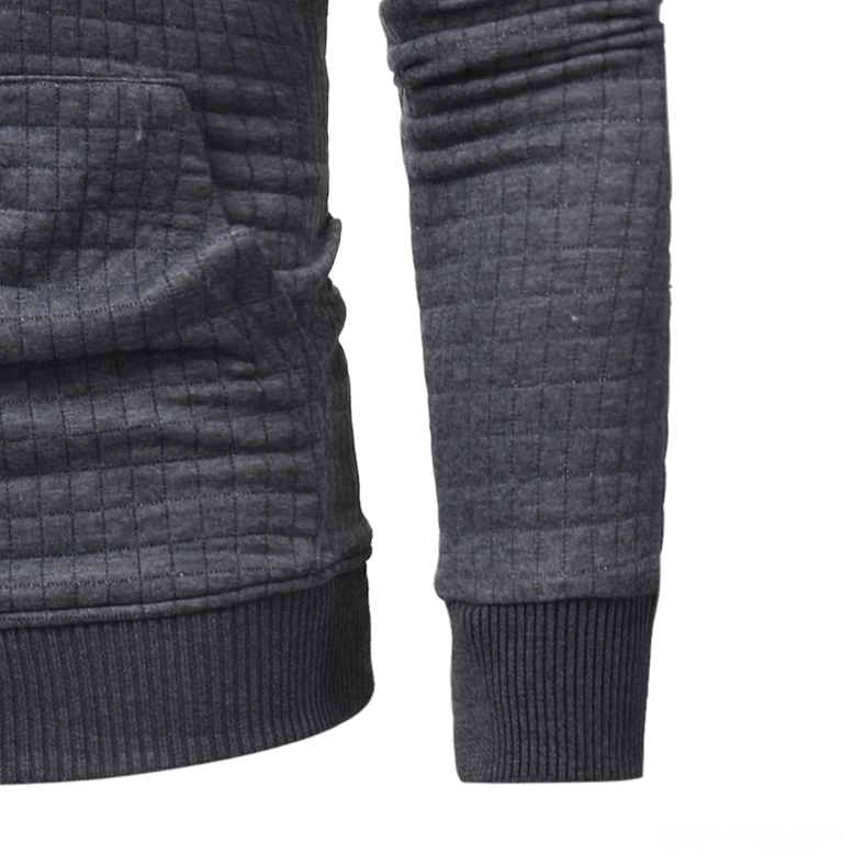 White quilted men's hooded sweatshirt cuff and sleeve detail