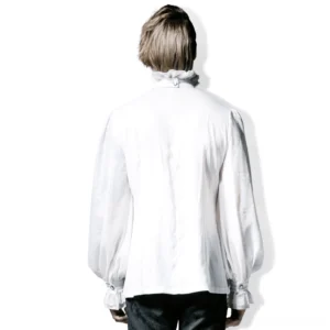 Men's white ruffle formal shirt full back view displaying billowing bishop sleeves and ruffled wrist cuffs