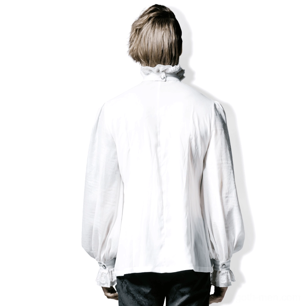 Men's white ruffle formal shirt full back view displaying billowing bishop sleeves and ruffled wrist cuffs