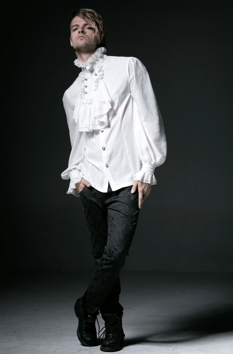 White gothic ruffle formal dress shirt on model side profile showing layered ruffles and silhouette