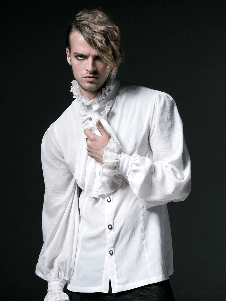 White gothic ruffle dress shirt on model showing front styling with neckline and upper torso composition