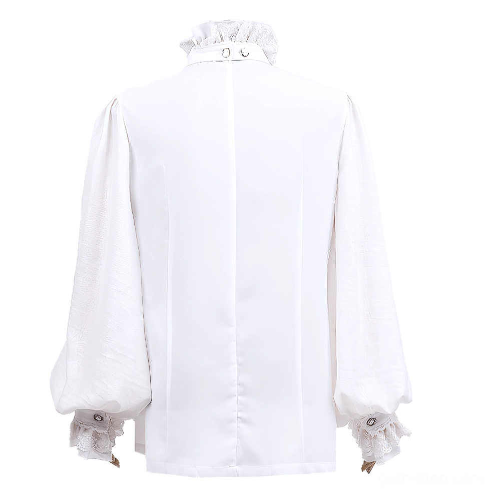 Men's white ruffle dress shirt back view on dress form displaying vertical seams and bishop sleeves