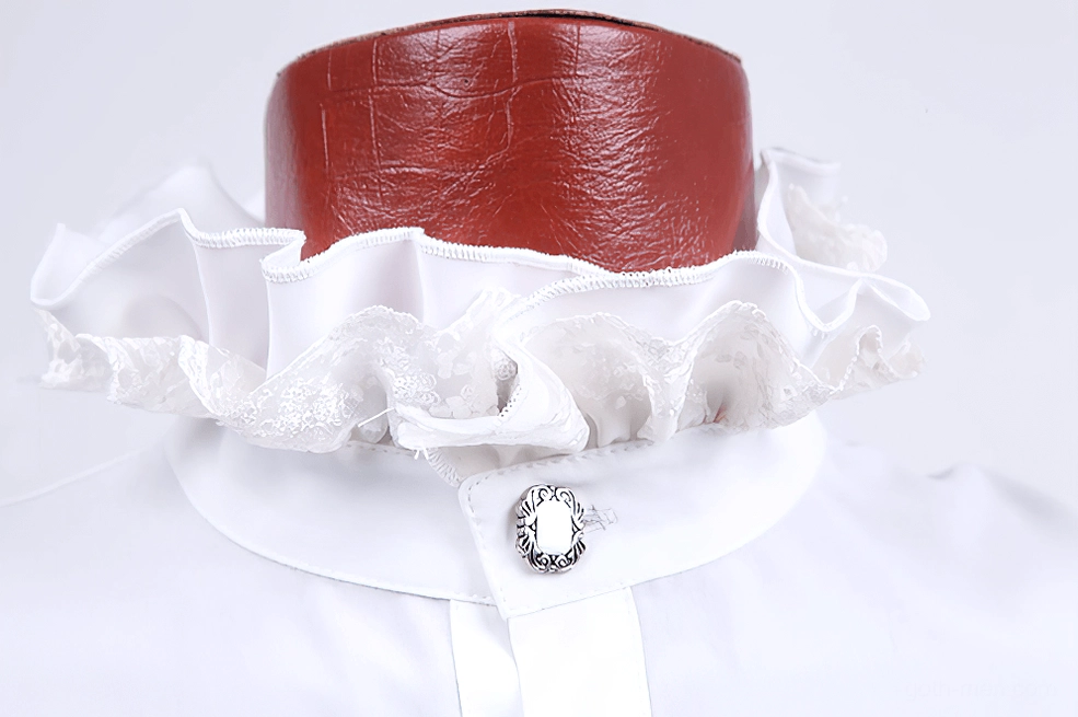 Side close-up of white ruffle dress shirt collar detail showing ruffled lace trim and vintage metal button
