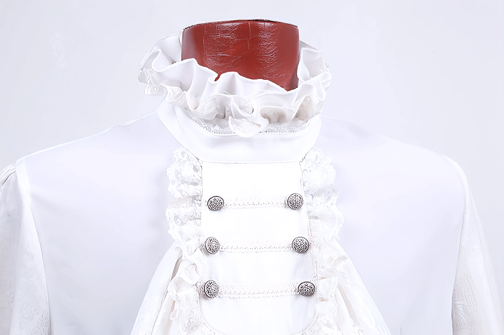 Close-up detail of white gothic ruffle shirt neckline showing layered lace collar and double-row decorative buttons