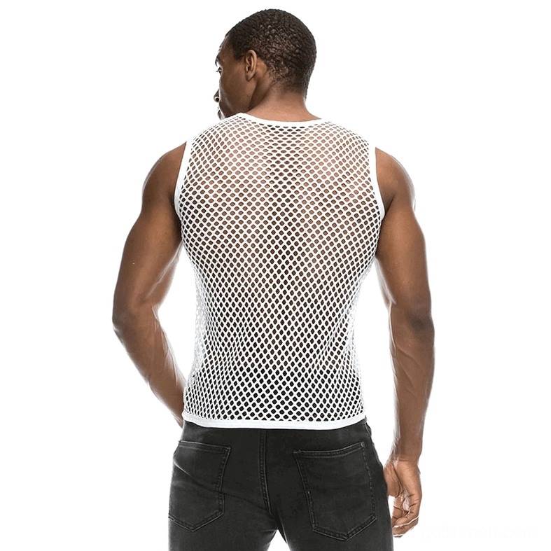 White see-through fishnet tank top gothic men back view with black denim pants