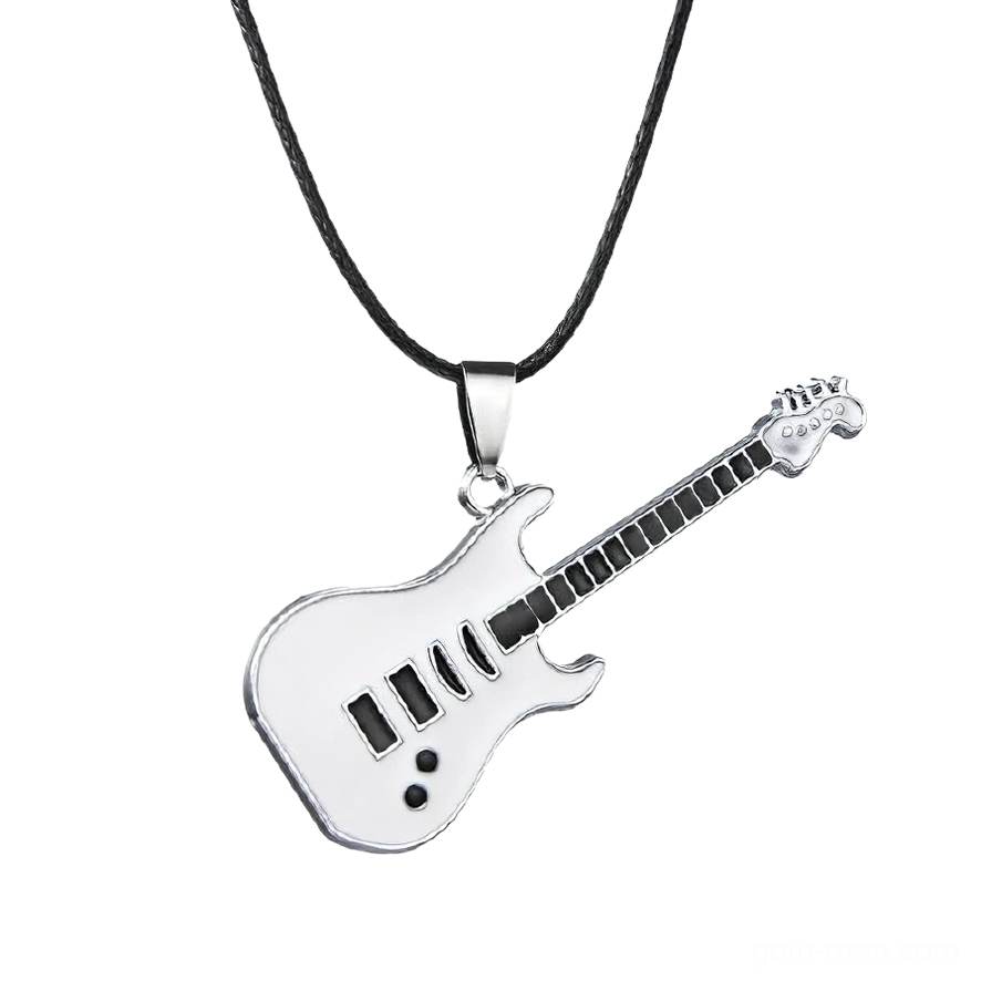 White and silver electric guitar pendant necklace flat lay with smooth enamel finish