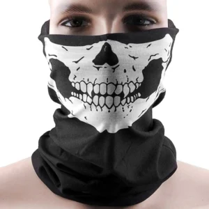 Classic white skull print on black gothic neck gaiter balaclava, frontal view showing full skull design