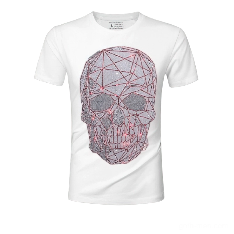 White geometric skull rhinestone t-shirt front, high-contrast gothic design with red and silver crystal details