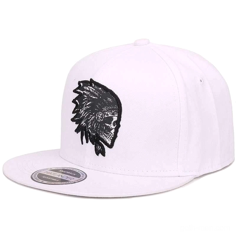 White flat brim snapback cap with black embroidered gothic skull design, front view