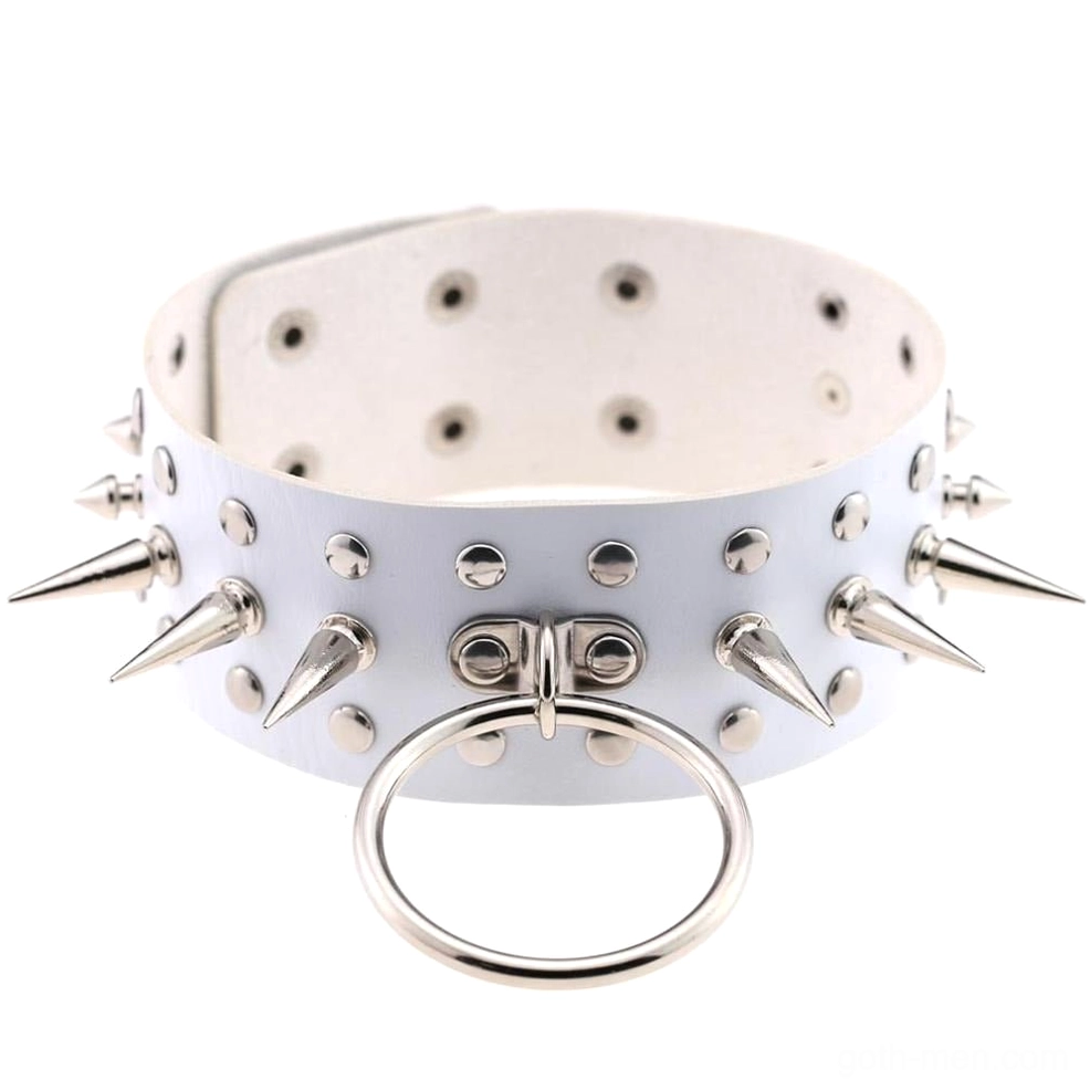 White PU leather oversized choker with metal spikes and O-ring detail front flat lay